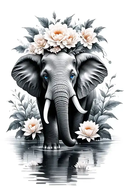 Elephant With Blue Eyes Surrounded By Carnations And Water Lilies