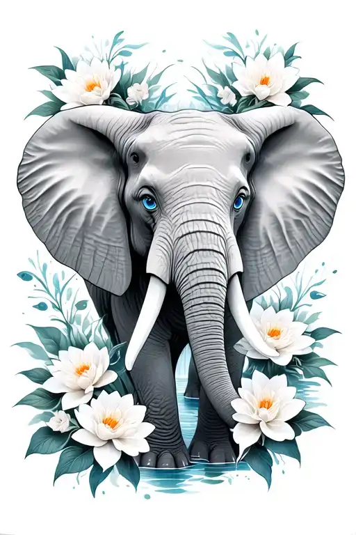 Elephant Face Only With Blue Eyes Surrounded By Carnations And Water Lilies