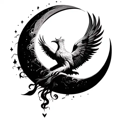 Phoenix Within Crescent Moon Surrounded