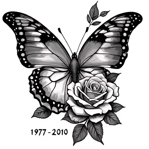 Forearm Butterfly And Rose Tattoo With The Date Of 1977 To 2010