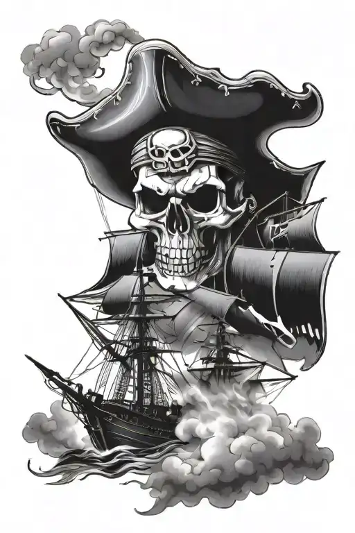 Pirate Ship Sailing Through Stormy With Skull Wearing