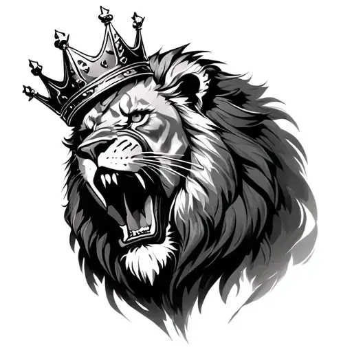 Lion Wearing A Crown Roaring With A Scar On The Left Eye