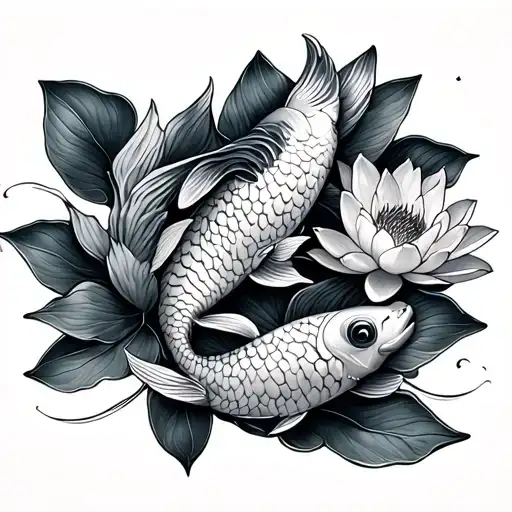 Koi Fishes With Lotus Flower On Spine
