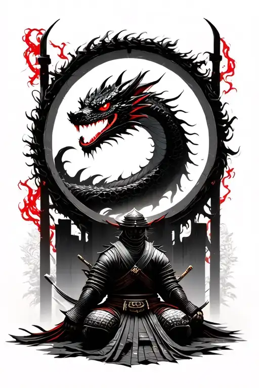 Samurai Warrior Resting In Front Of A Portal From Where A Red -Eyed Dragon Is Coming Out