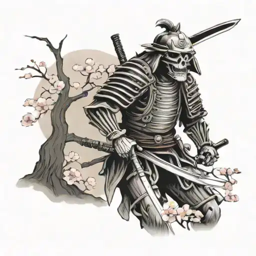 Skeleton Samurai Under Cherry Blossom Tree