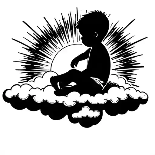 Little Boy Silhouette Sitting On Cloud With Sun Rays Behind It