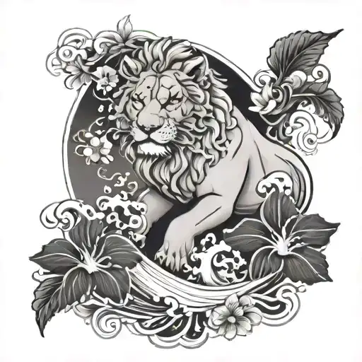 Black And White Hibiscus Flower And The Great Wave And Singha Lion