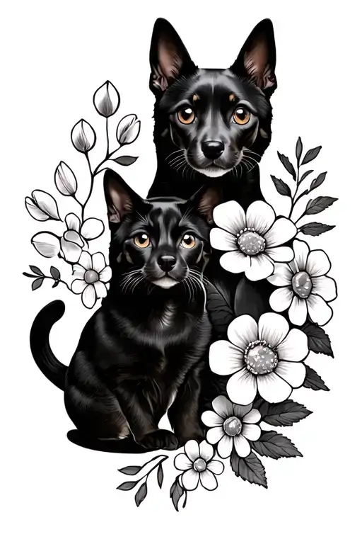 2 Dogs And 1 Cat Paw With Flowers
