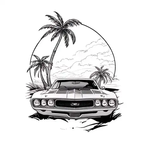Vintage Muscle Car And Palm Trees