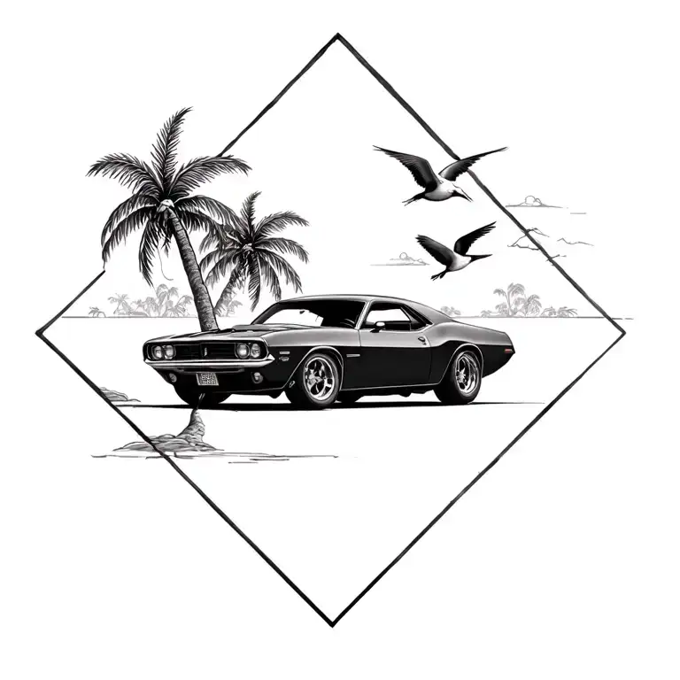 Vintage Muscle Car And Palm Trees And Birds