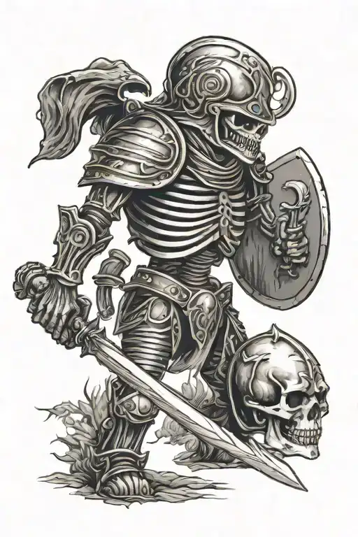 Skeleton Knight Wearing Helmet Holding Hammer Walking Away From Graveyard