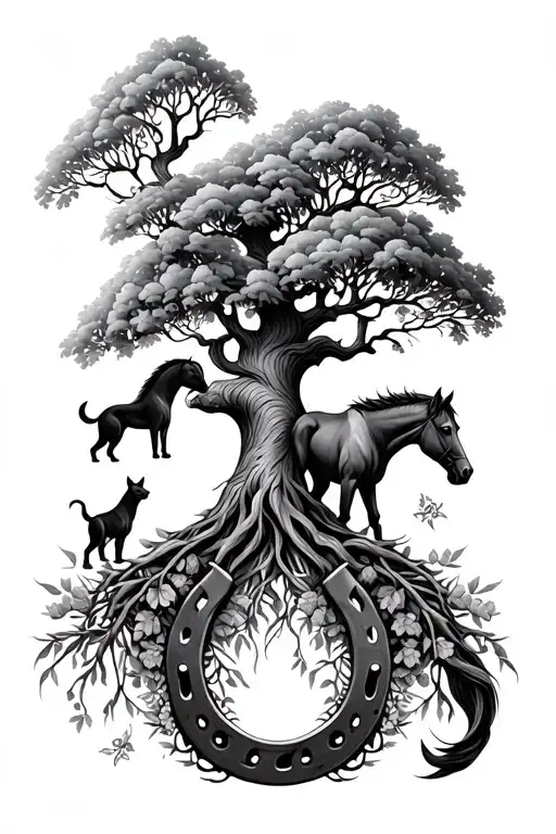 Tree Of Life With Dog Cat And Horse Shoe