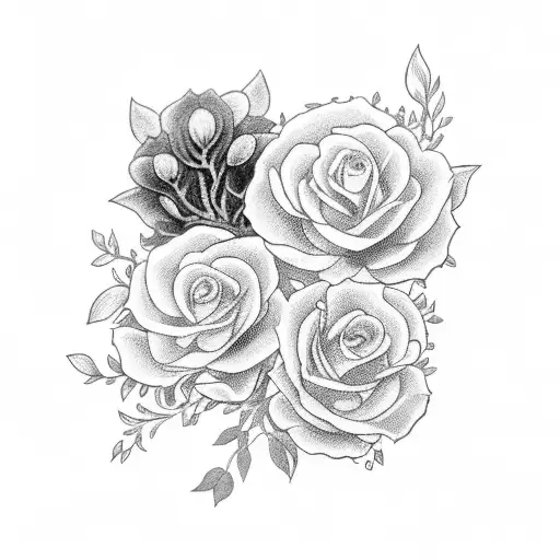 A Tattoo Of A Black And Grey Illustration Of Feyre And Rhysand Surrounded By Blooming Flowers