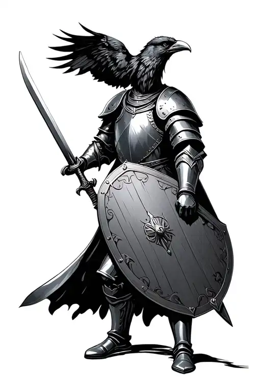 15Th Century Knight Holding Shield And Sword In Front Of Him With A Raven On The Shield
