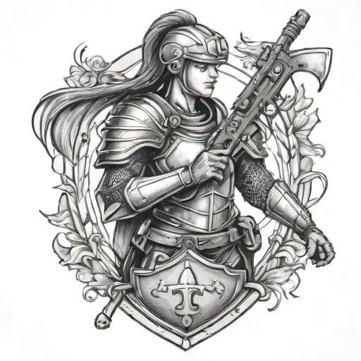 A Female Soldier In Full Armor With Music Notes As Her Shield