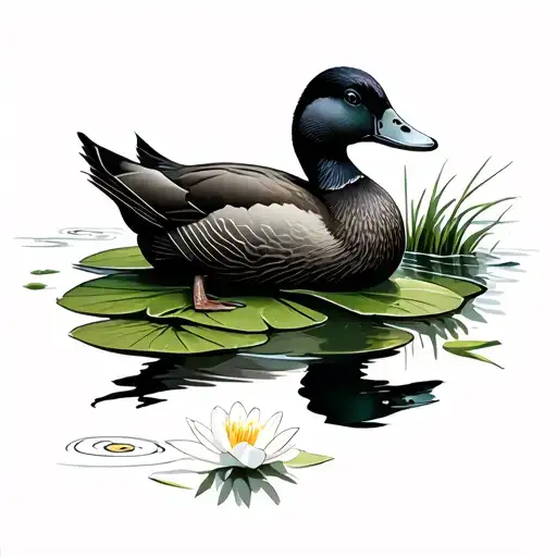 Black Duck On A Lily Pad With Grass
