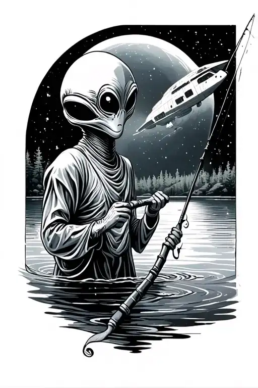 An Alien Holding A Fishing Pole With A Lake And Space Ship In The Background
