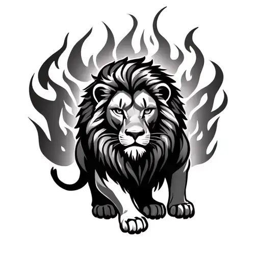 Lion Standing Surrounded By Flames