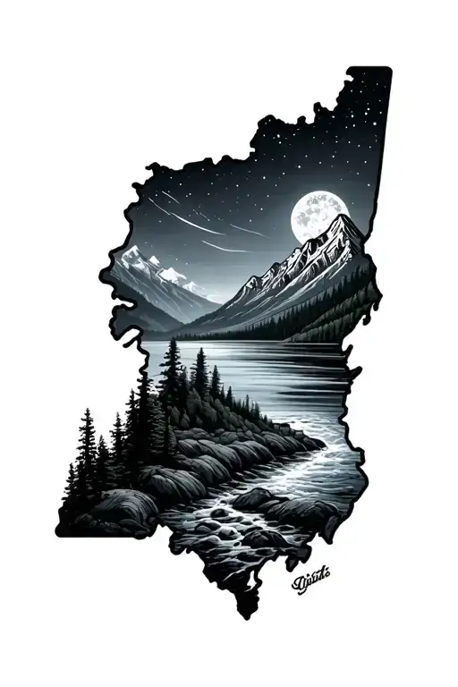 Mountain Rage And Stream With A Night Sky Within A Maine Outline