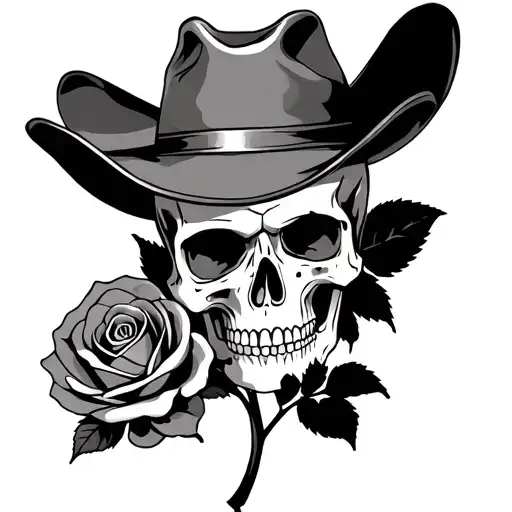 Skull With A Cowboy Hat And A Dying Rose Growing Together