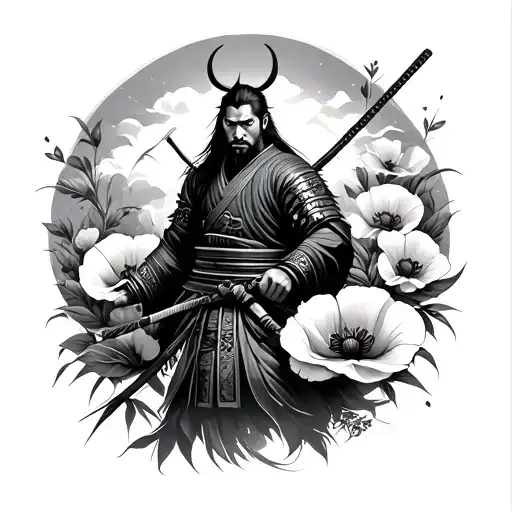 Samurai With Poppy Flowers Around Him