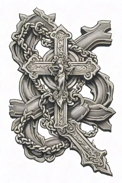 Cross With Jesus And A Catholic Rosary