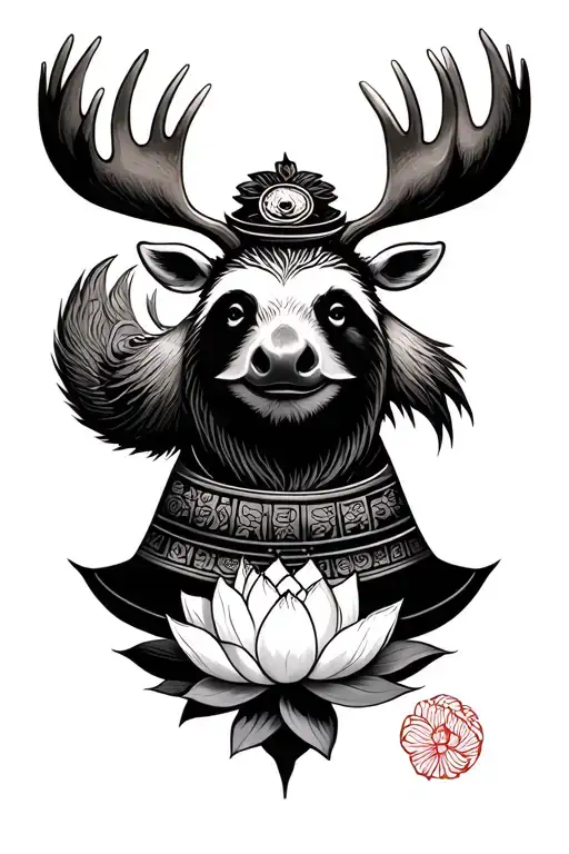 Incorporate A Sloth And A Moose Into A Tradi Japanese Style With A Samurai And Lotus Flower