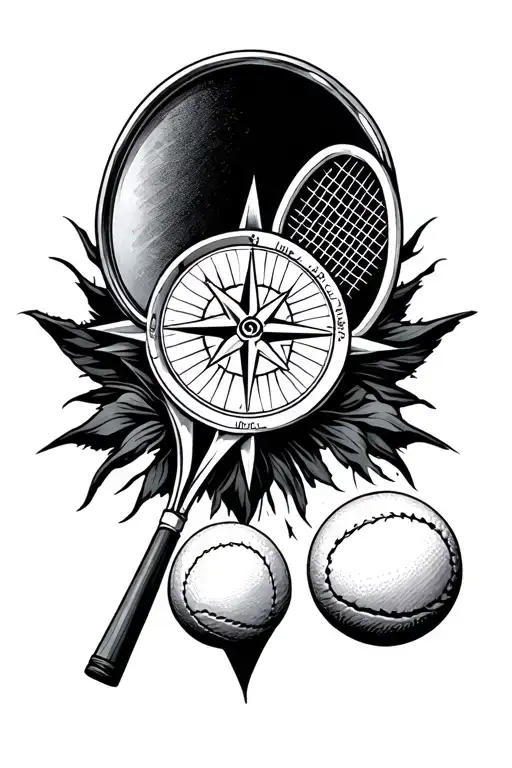 A Black And White Tattoo Behind The Back Representing A Compass And Tennis