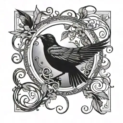 Long Vine Wrapping Around Sun And Blackbird With Music Notes Around