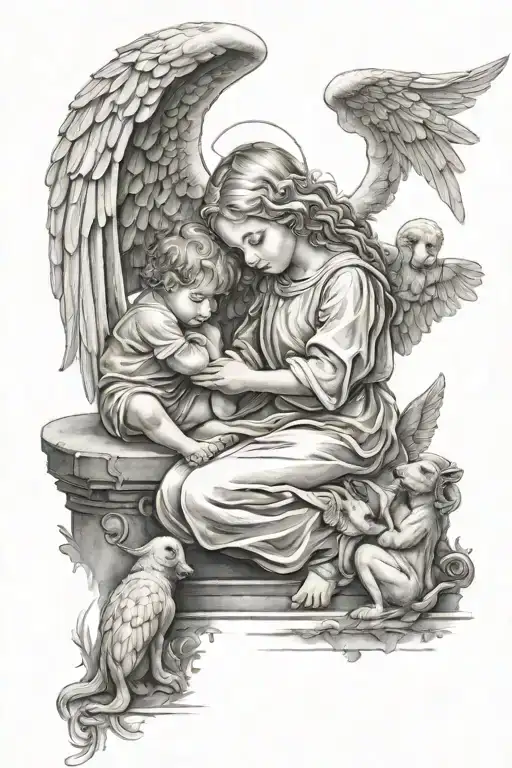 Guardian Angel Praying Over Children Playing