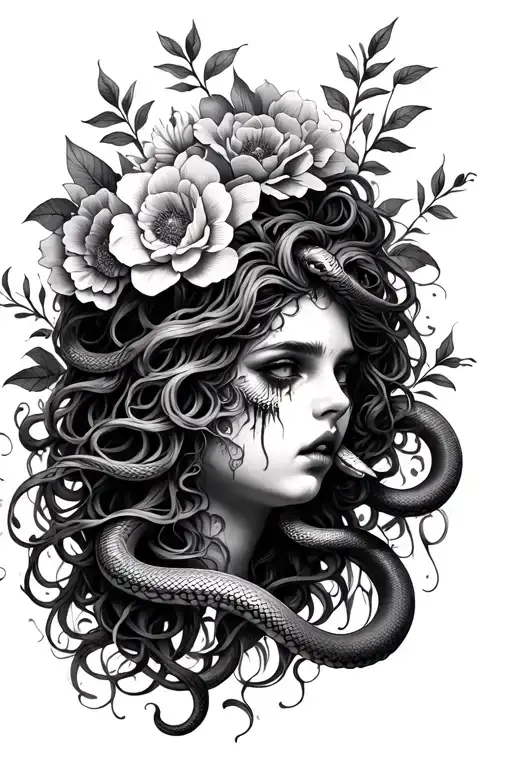 Pretty Medusa Face Crying With Snakes And Flowers Intertwined
