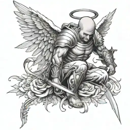 Bald Warrior Angel Crouching With A Sword Tattooed On His Chest