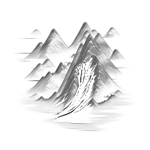 Mountains With Waterfall In Sumie Brushstroke Style