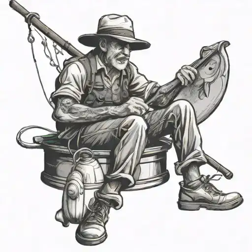 Man Sitting On Bucket With Fishing Rod