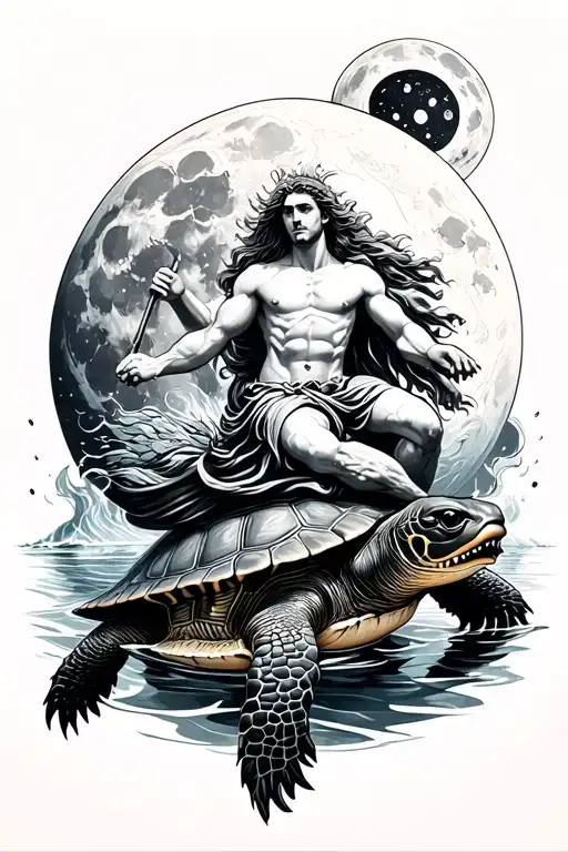 Neptune Riding A Turtle Swimming Alongside Sun And Moon