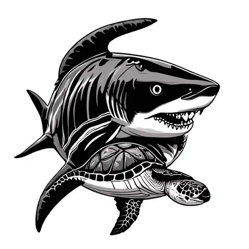 Hawaiian Tribal Design With A Shark And A Turtle Swimming Gracefully