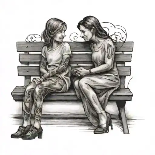 Mother An Doughter Sitting Together On A Bench