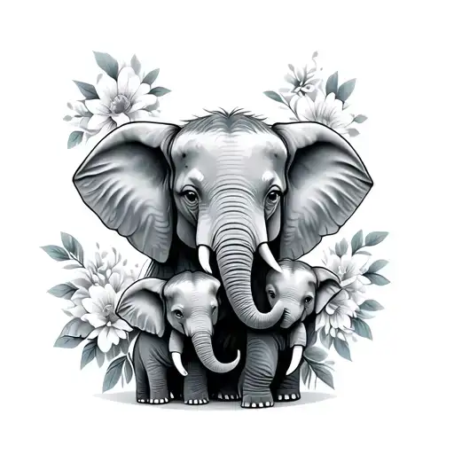 An Elephant Holding 3 Baby Elephants With Flowers
