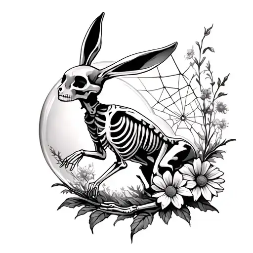 Bunny Rabbit Skeleton Hopping Towards A Crystal Ball Surrounded By Flowers With Cobwebs