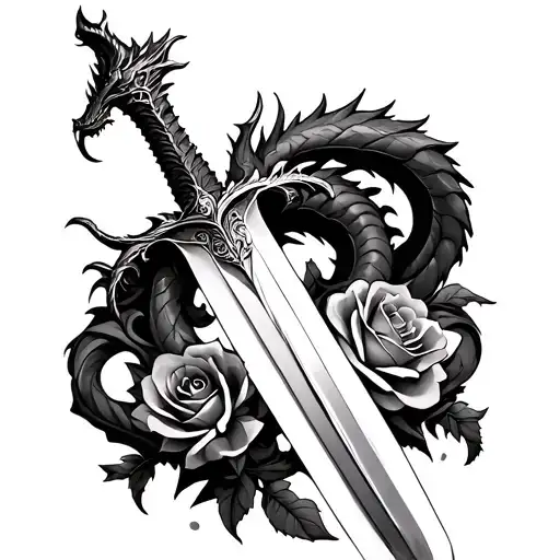 Sword With A Dragon And Rosees Wrapped Around The Sword