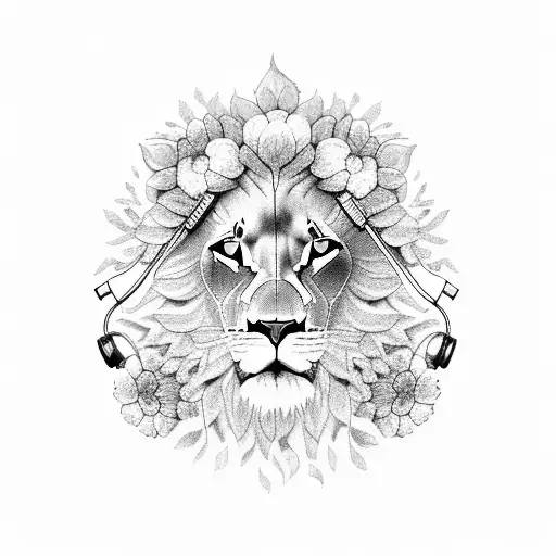 A Black-grey Tattoo Of A Majestic Lion Wearing Headphones Surrounded By Blooming Flowers