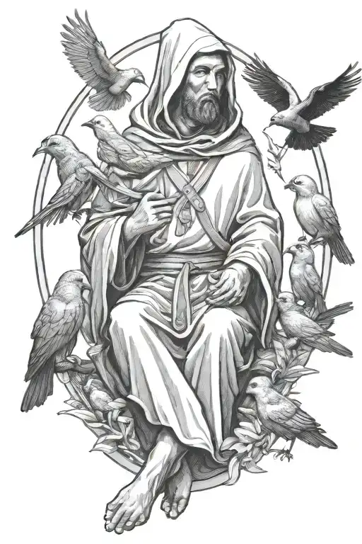 St Francis Of Assisi With Hood Up Sitting With Animals With Birds Flying Up