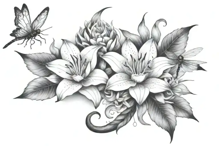 Half Sleeve Tattoo Featurning Oriental Lily Dragonfly