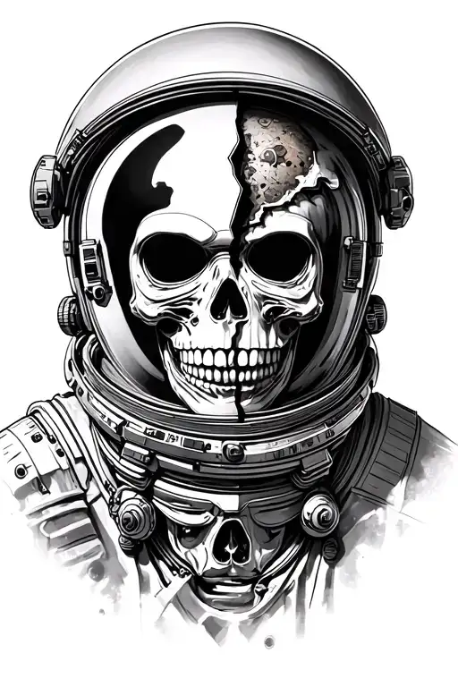 Astronaut Broken Mask Split In Half With Skull Surrounded
