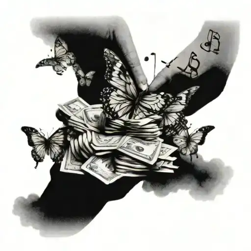 A Banker Counting Money Under A Moonlit Sky Filled With Musical Notes And Butterflies