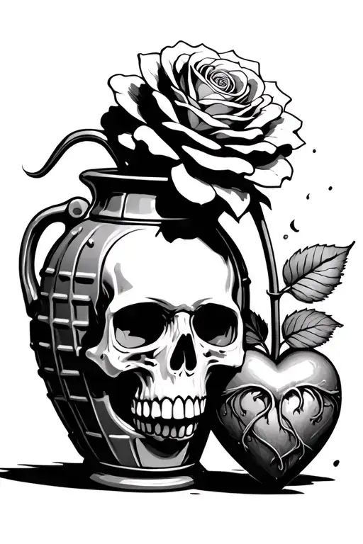 Skull Inside Of A Rose Coming Out Of A Grenade Shaped Like A Flower Vase And A Real Heart