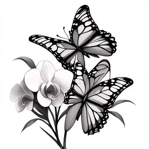 Two Butterflies With A Orchid Flowers