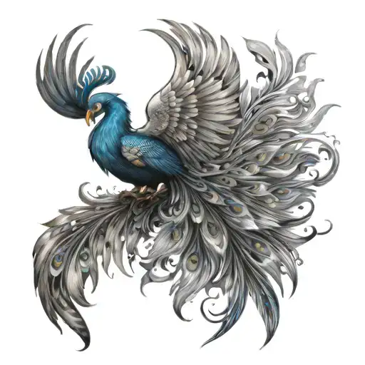 Phoenix With Blue Fire And Peacock Feather