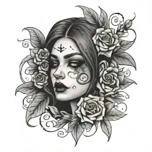 Goth Girl Face With Flowers