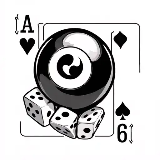 Eight Ball With Dice And Playing Cards In A Royal Flush
